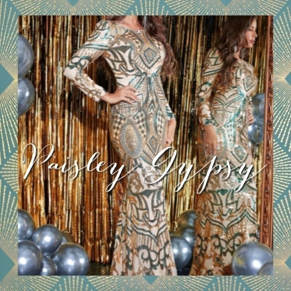 Teal and Gold Long Sleeve Backless Mermaid Contrast Sequin Formal Gown - Picture 5 of 9